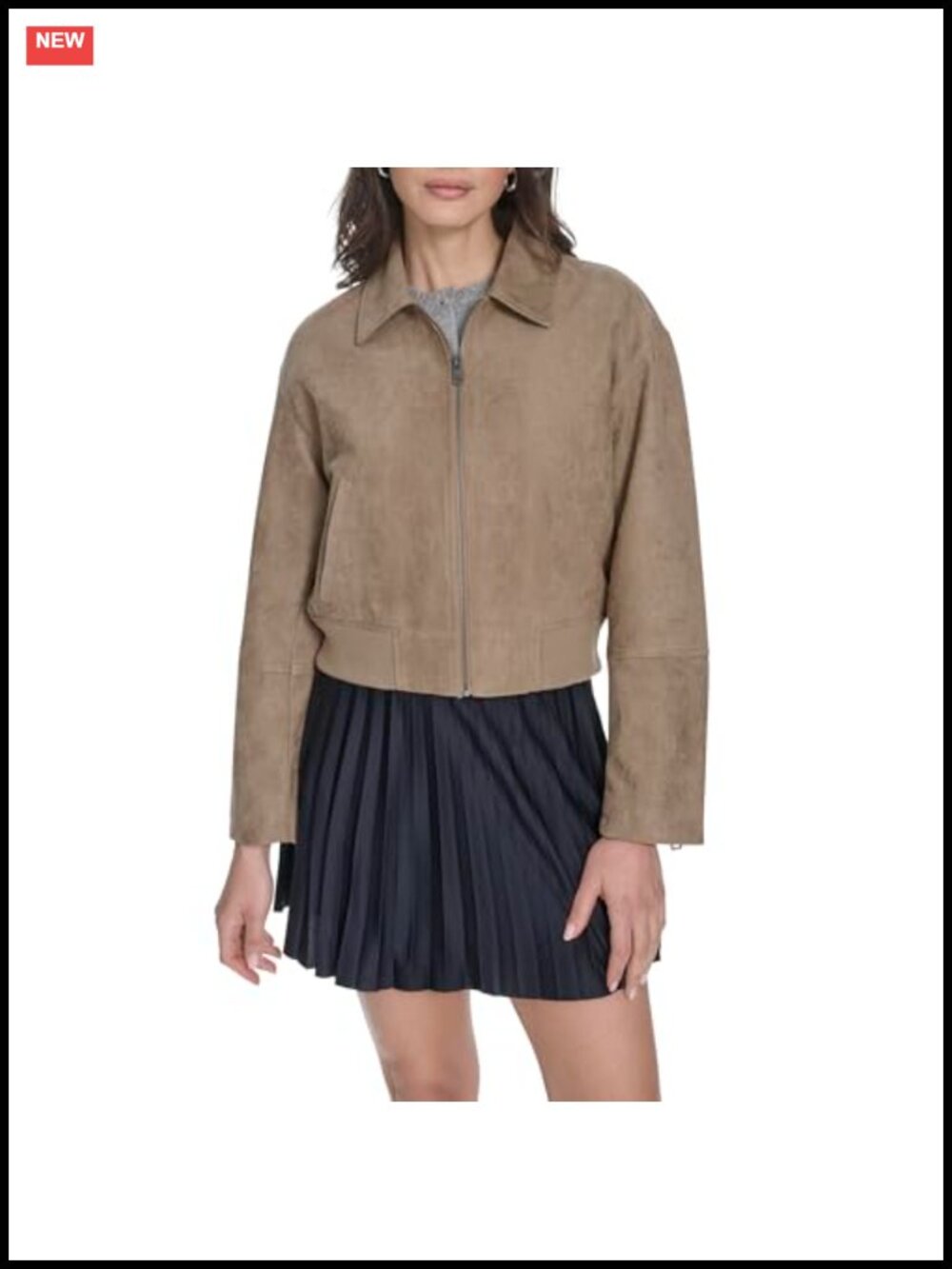 Faux Suede Bomber Jacket Laydown Collar Zip Closure Rib Knit Hem
